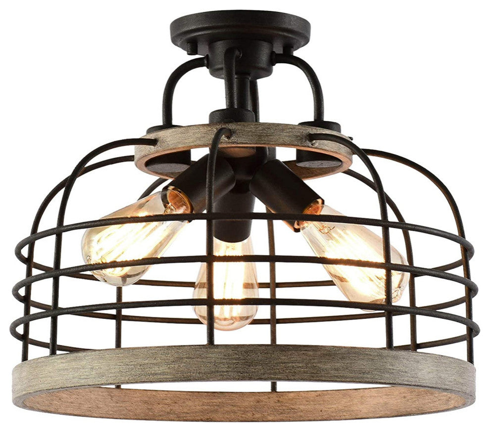 3 Light Industrial Chandelier Farmhouse Wood Cage Pendant Light