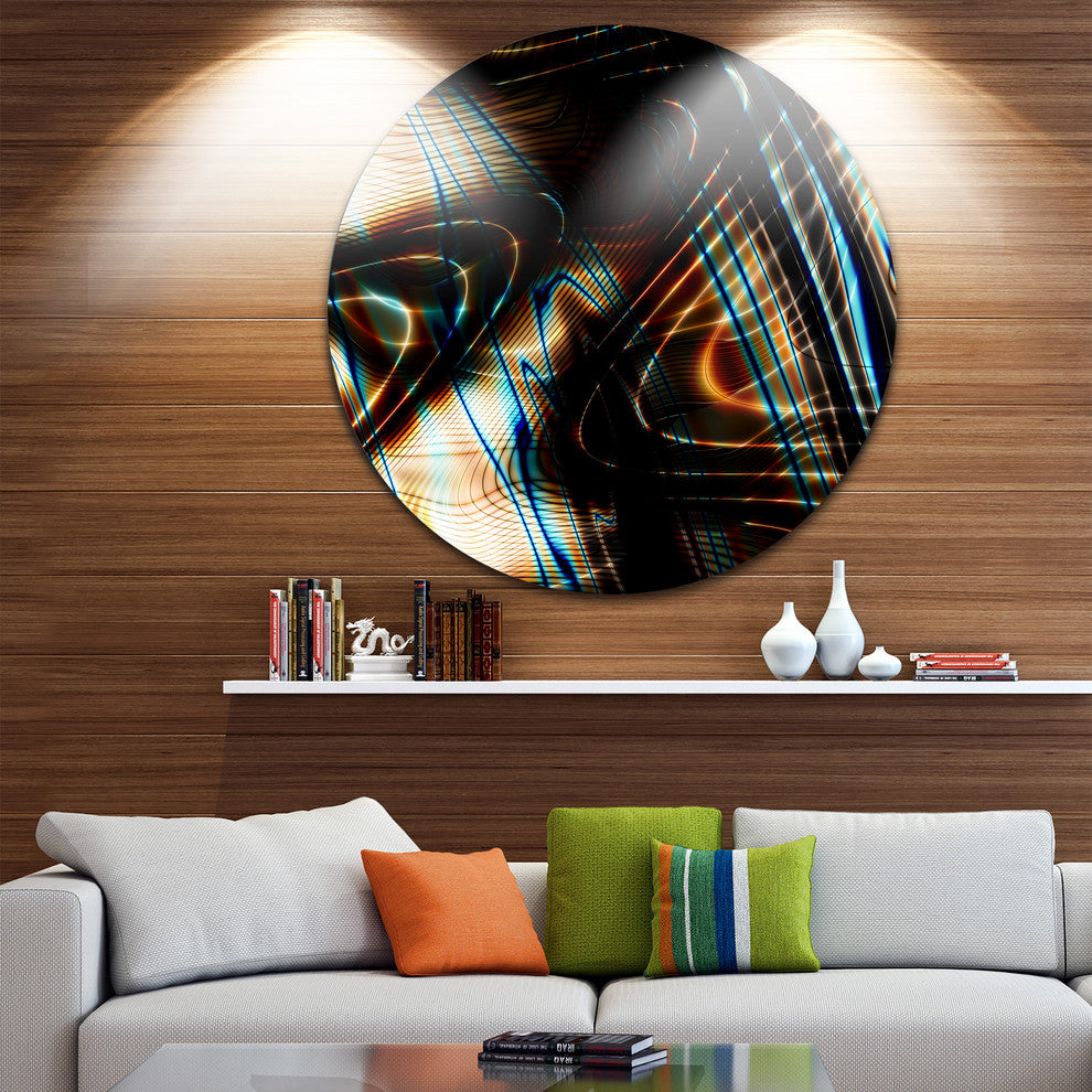 Fractal Curved Brown Black Stripes, Abstract Art Round Wall Art, 36"