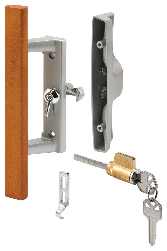 Diecast with Wood Handle, Gray, Patio Door Handle, Tee Lock, Keyed
