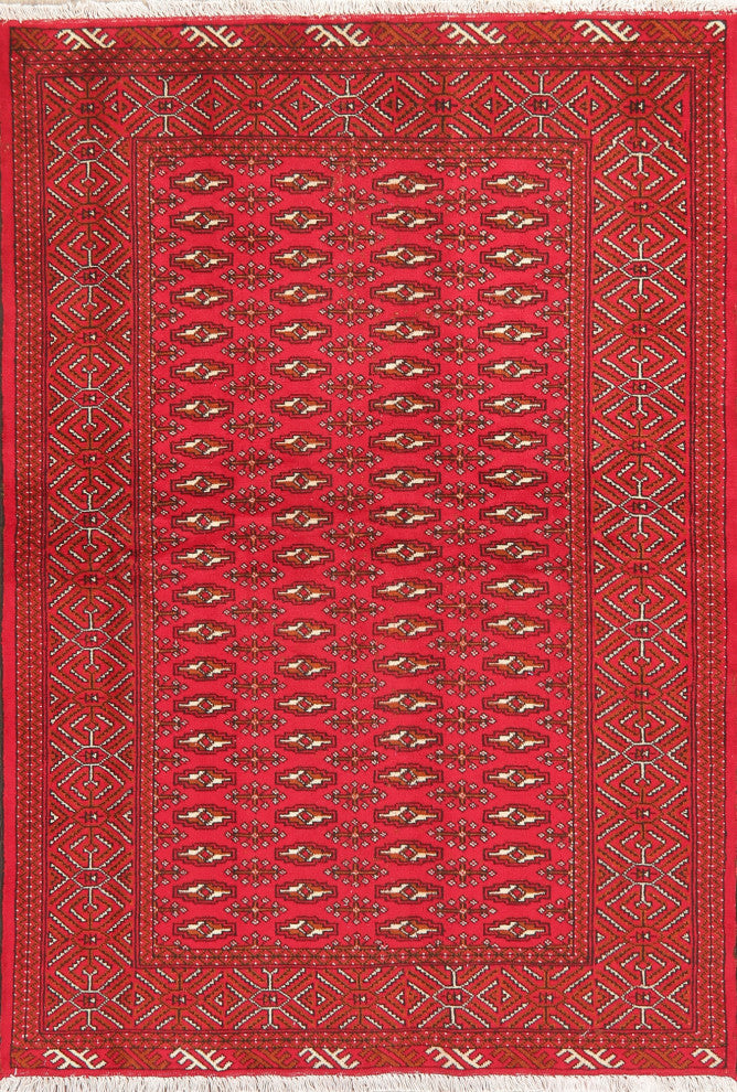 Consigned, Traditional Pakistani Hand-Knotted Vintage-Style Area Rug, Red, 4x6