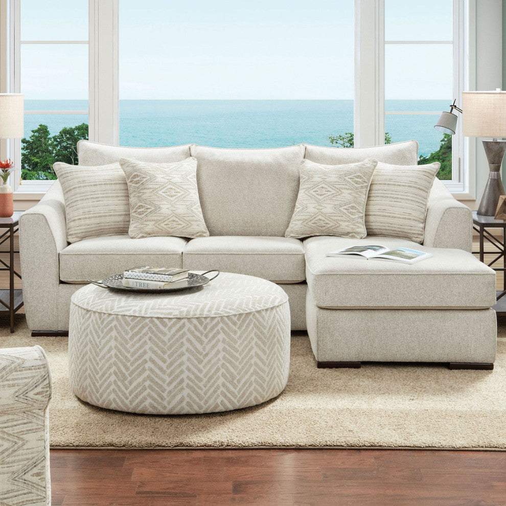 Chenille Upholstered Round Ottoman, Line Multi