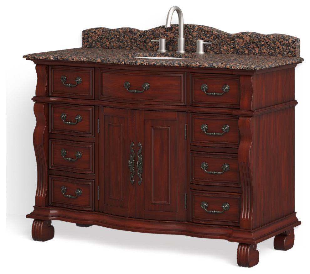 60 inch Cherry Wood Hopkinton Bathroom Sink Vanity Baltic Brown Stone Top, Cherry, 50", Single Sink, Freestanding