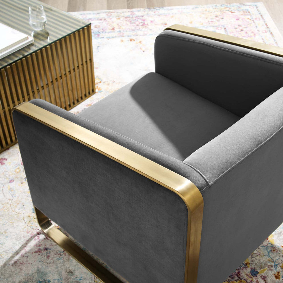 Lounge Accent Side Chair Armchair, Velvet Fabric Metal Steel, Grey Gray