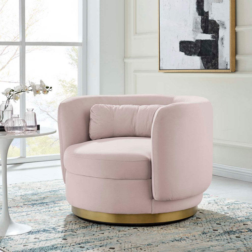 Armchair Swivel Accent Chair, Pink Gold, Velvet, Modern, Lounge Hospitality