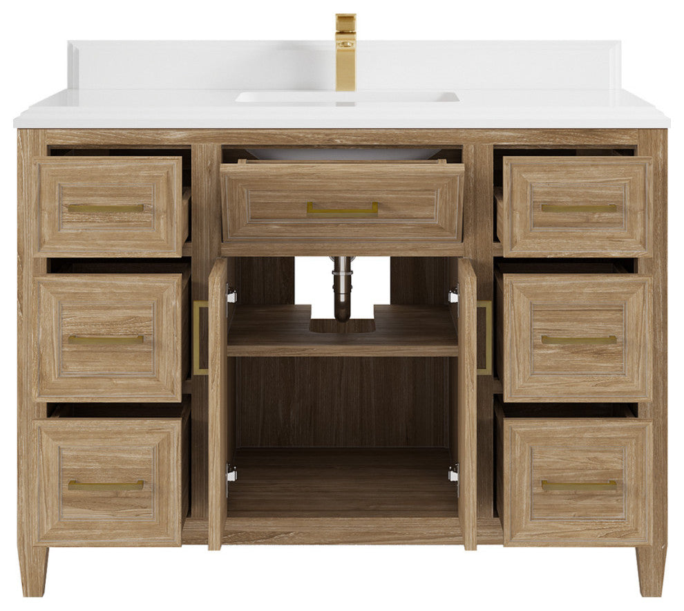 Santa Monica 48 Single Sink Bath Vanity in Whitewashed Teak 1.5" White Quartz