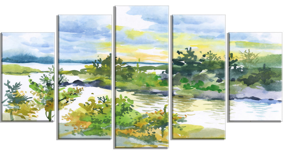 "Autumn Forest And Lake Watercolor" Landscape Wall Wall Art, 5 Panels, 60"x32"