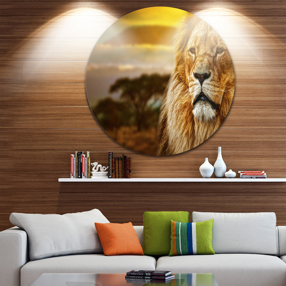 Lion And Mount Kilimanjaro, Animal Digital Art Round Wall Art, 11"