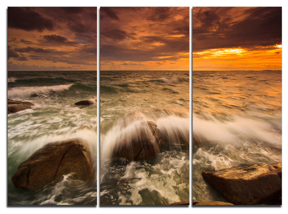 "Rushing Ocean Waves into Rocks" Metal Wall Art, 3 Panels, 36"x28"