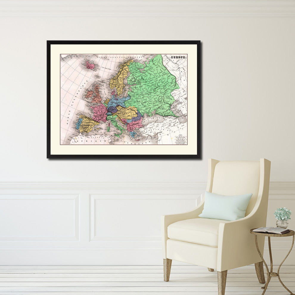 Europe Map Print On Canvas With Black Frame, 16" X 21"