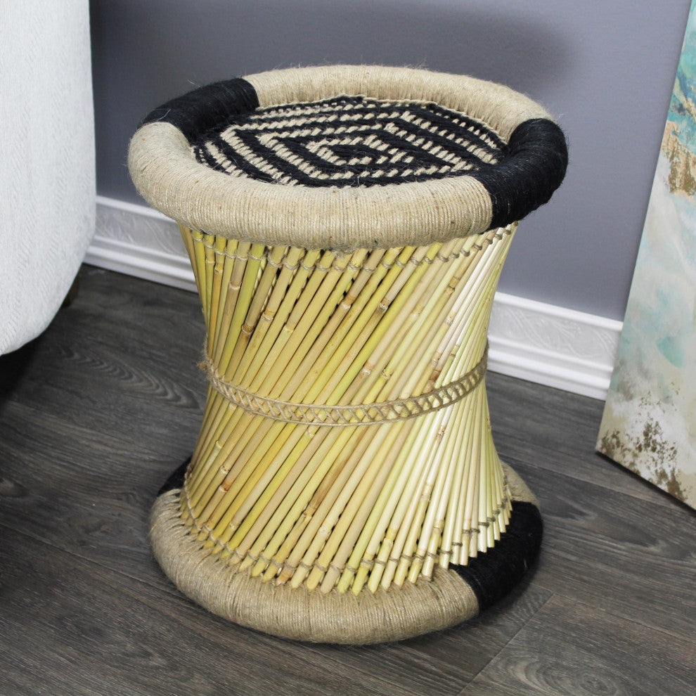 Natural Geo Moray Decorative Handwoven Jute Accent Stool, Black Diamond
