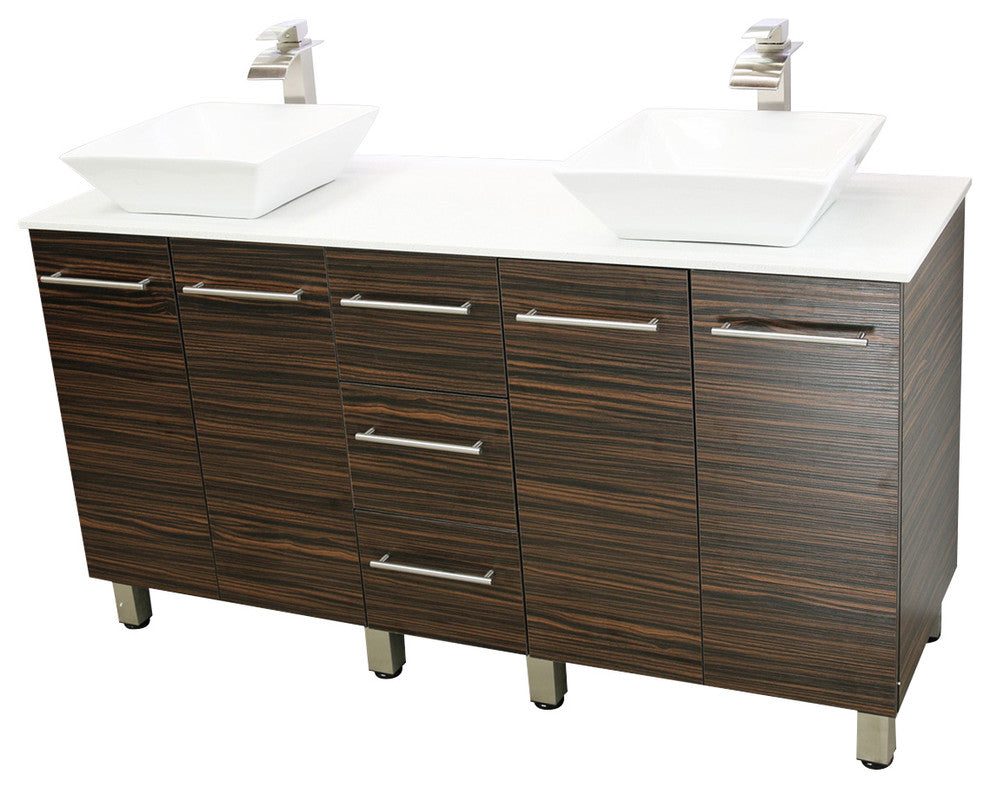 Windbay 60" Free Standing Double Vanity, Ebony, White Stone Flat Countertop
