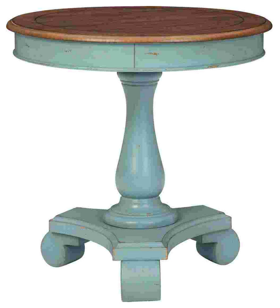Benzara BM266419 Wooden Accent Table With Round Tabletop, Teal Blue and Brown