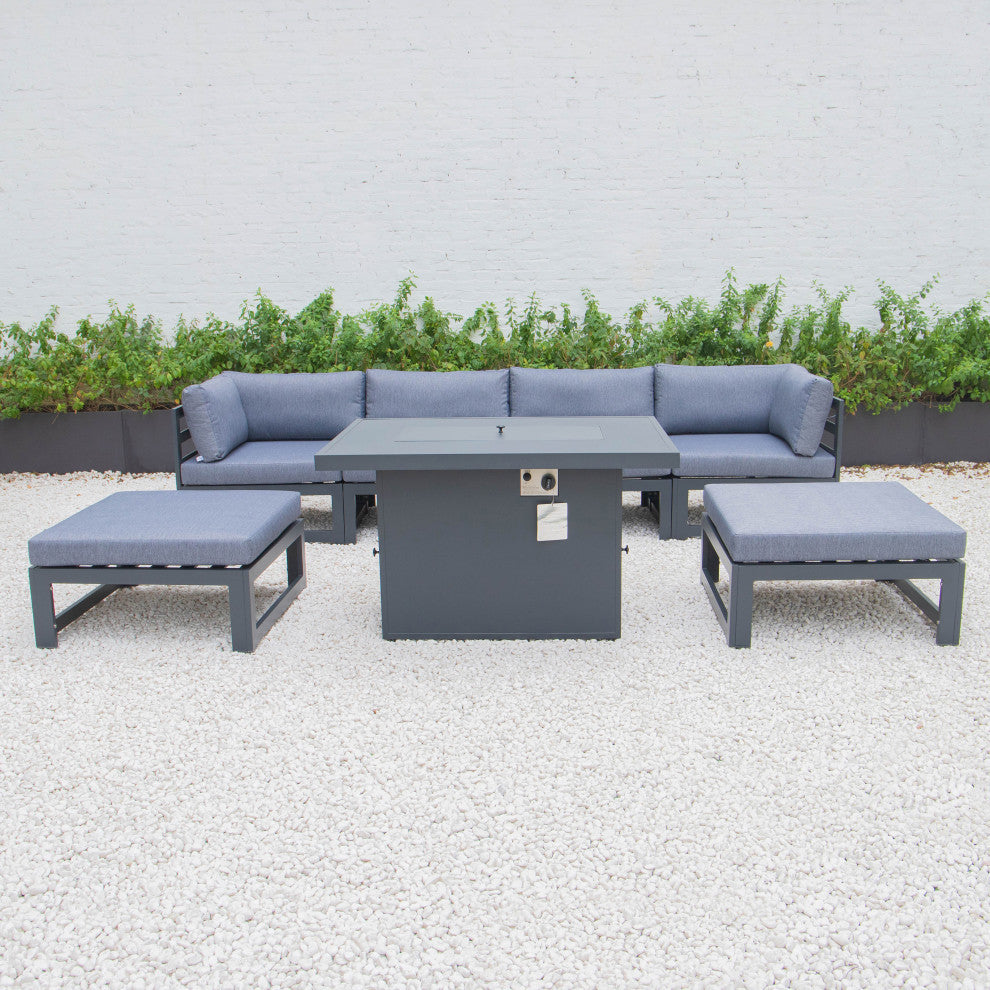 LeisureMod Chelsea 7-Piece Outdoor Sectional With Fire Pit Table, Blue
