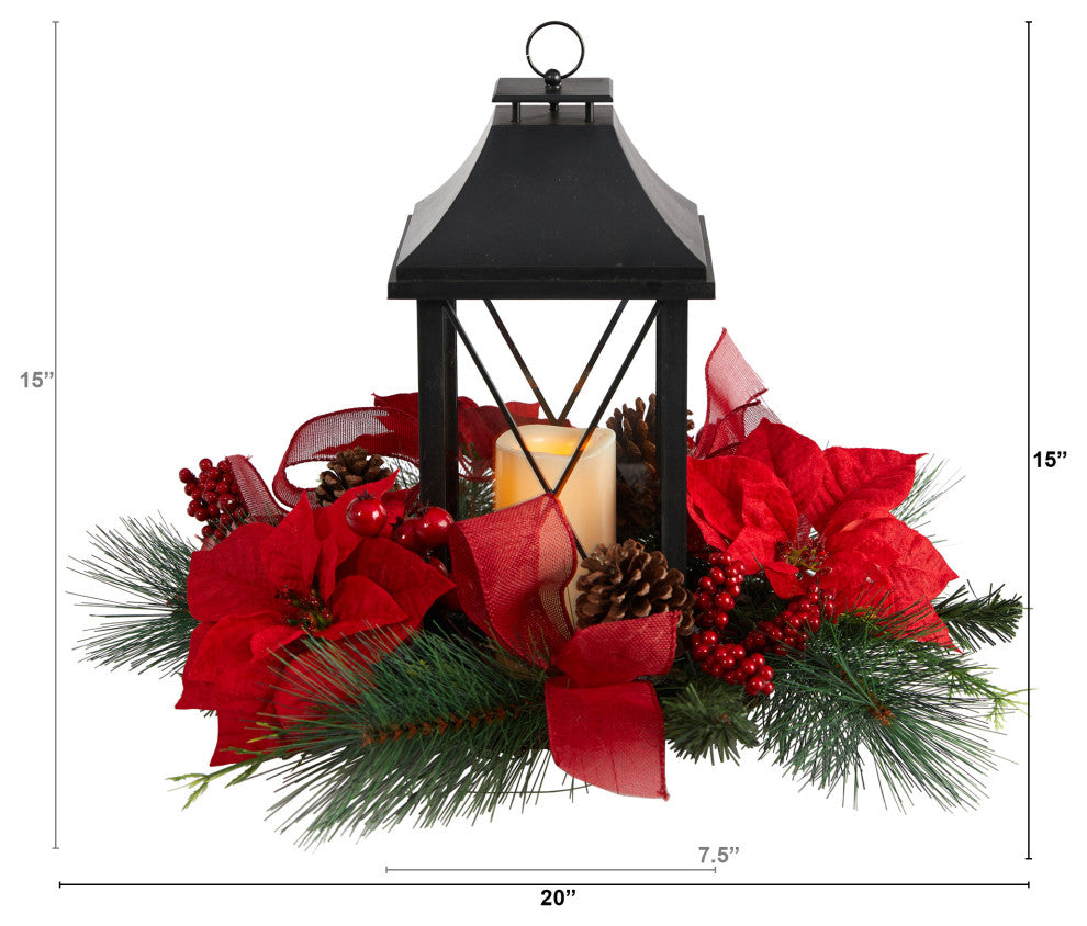 15" Holiday Poinsettia, Pinecone & Greenery W/ Lantern & LED Candle Arrangement