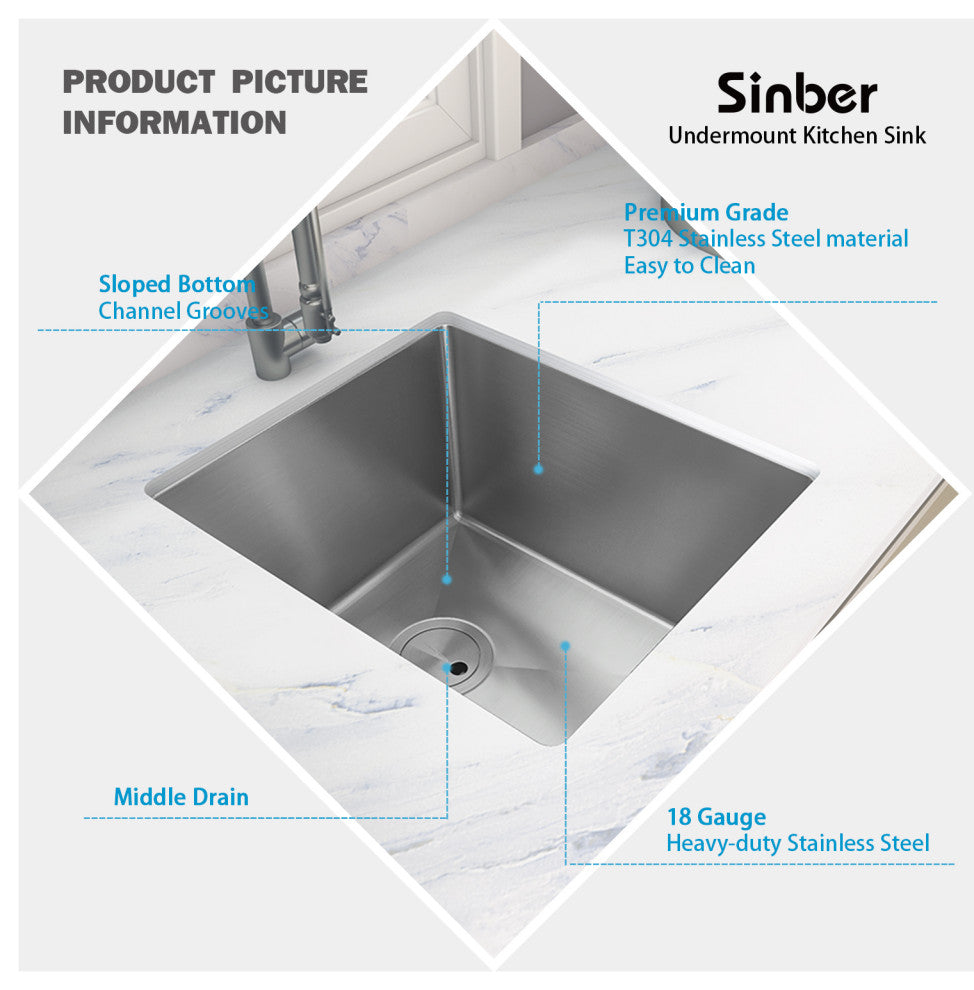 Sinber Single Bowl Kitchen Sink with 304 Stainless Steel Satin Finish, 15"x17", Undermount