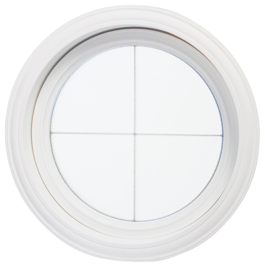 24.5x24.5 Round Geometric Vinyl Window, Platinum Cross Design, Obscure Glass