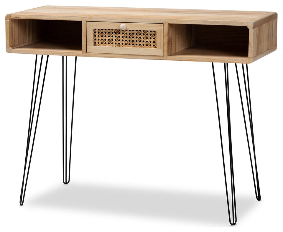 Mid-Century Modern Oak Brown Finished Wood Black Metal 1-Drwaer Console Table