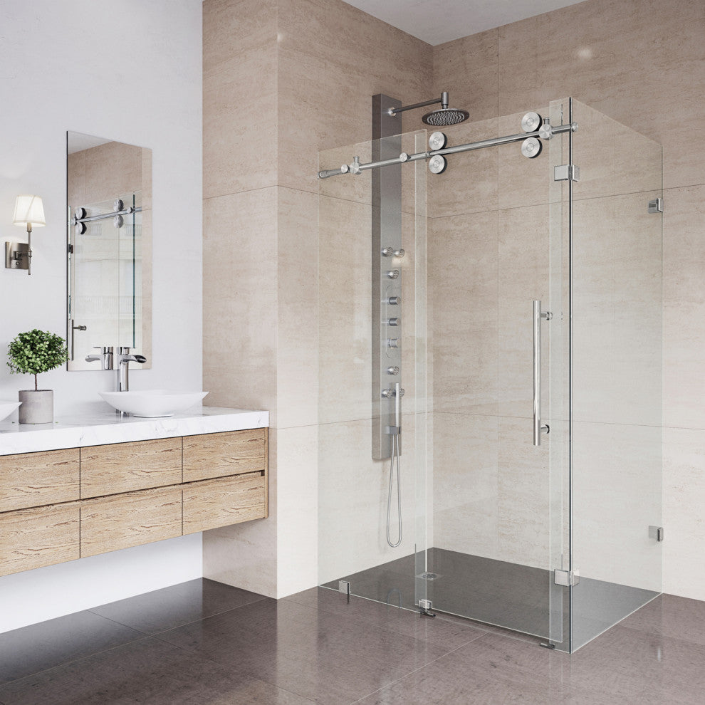 VIGO Winslow Frameless Sliding Shower Enclosure, Stainless Steel, 35" D X 46" W X 74" H, Without Base