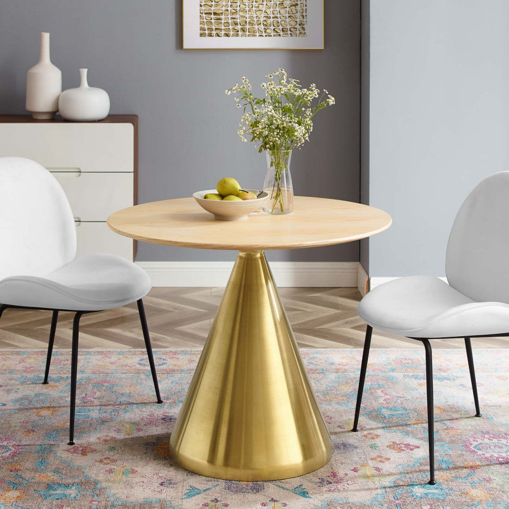 Dining Table, Round, Wood, Metal, Gold Brown Natural, Modern, Bistro Restaurant