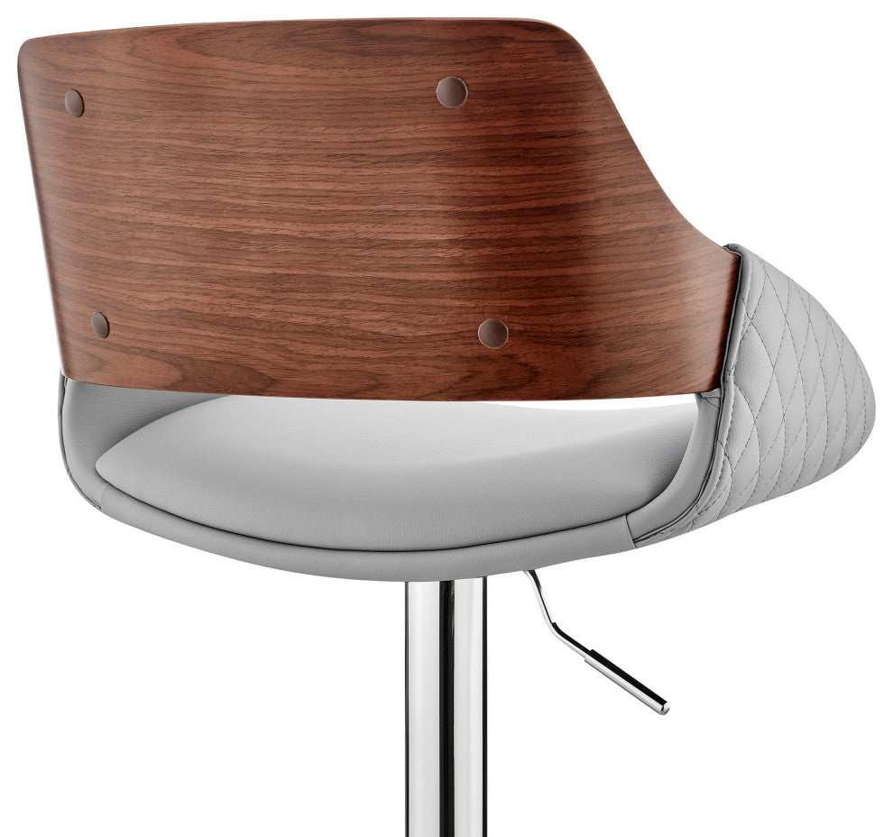 Colby Adjustable Faux Leather and Metal Bar Stool, Gray and Chrome