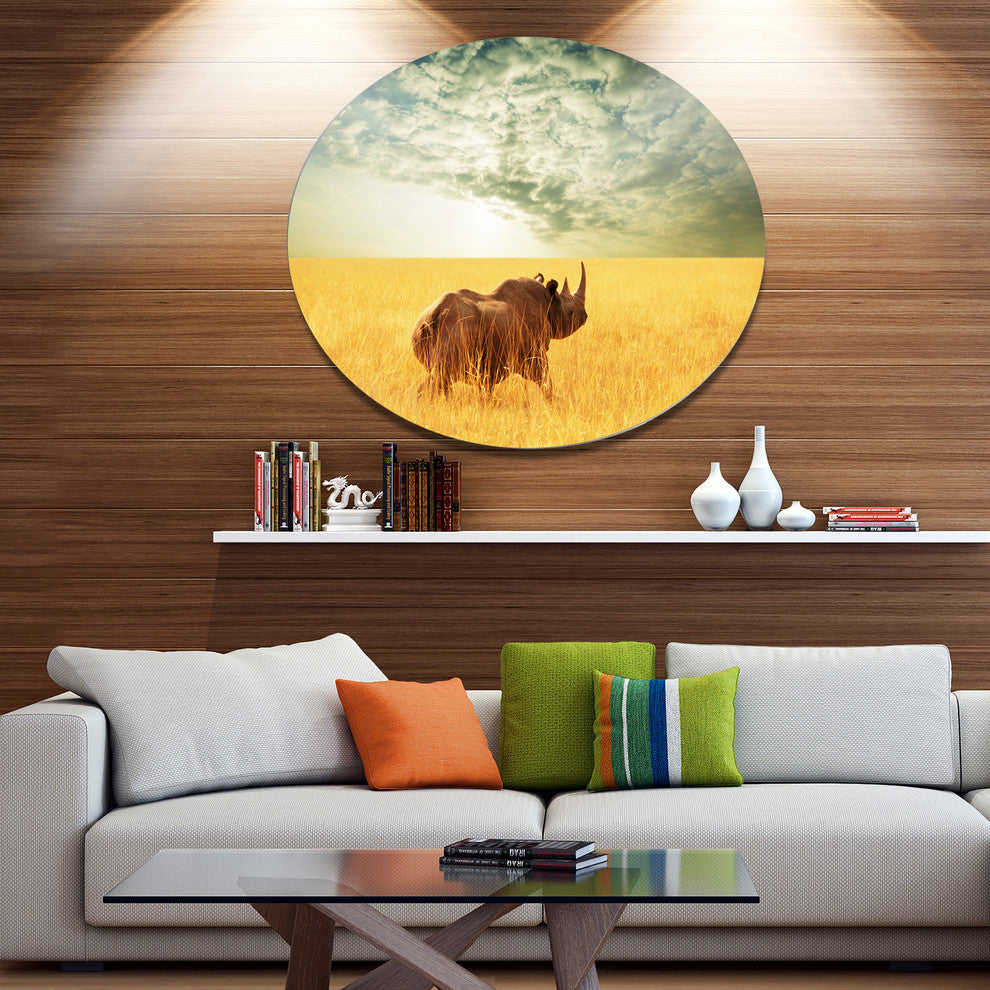 Rhino In Grassland Under Cloudy Sky, African Round Wall Art, 23"