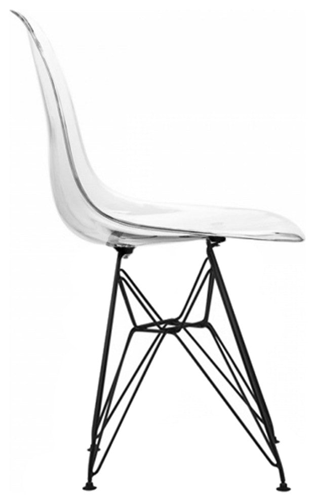 Modern Plastic Clear Seat Eiffel Dining Chair Wood Or Chrome Legs, Set of 2, Black Wire