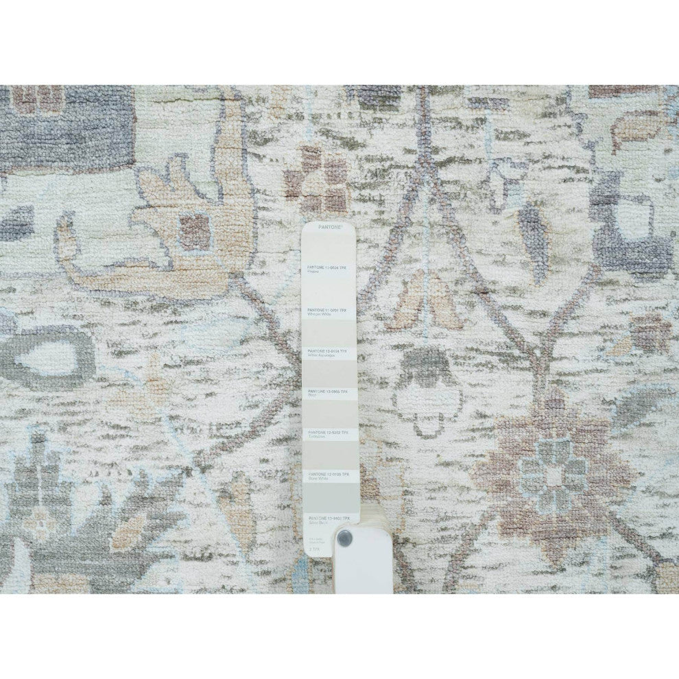 Ivory Silk With Wool Hand Knotted Tebraz Vase Design Oriental Rug, 12'x15'5"