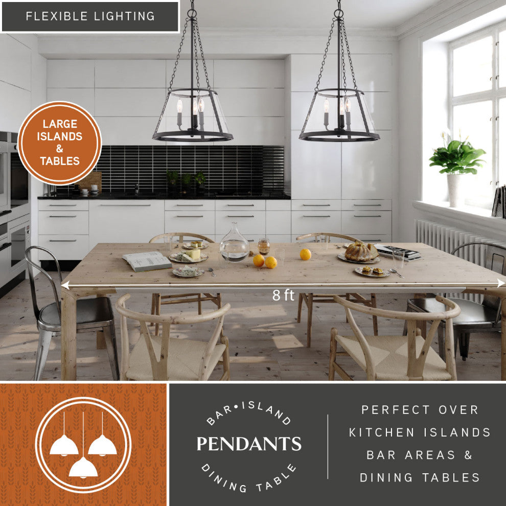 Rochester 3-Light Matte Black Industrial Cone Pendant with Clear Glass Shade