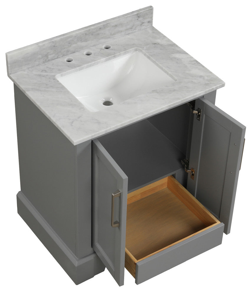 30" W x 22" D x 33" H Bath Vanity, Grey With Carrara White Marble