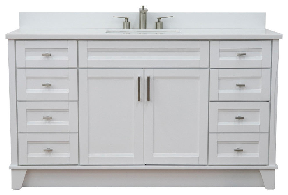 61" Single Sink Vanity, White Finish And Engineered Stone Top And Rectangle Sink