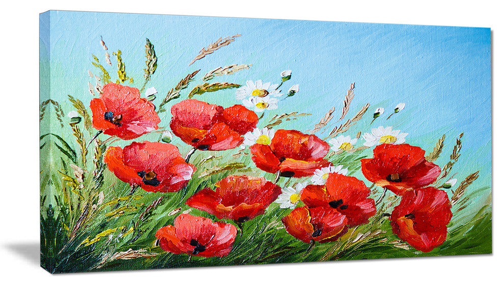 Poppies in Field against Blue Sky, Floral Canvas Art Print, 32"x16"