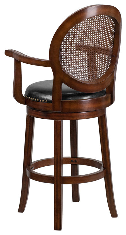 30" High Expresso Wood Barstool With Arms and Black Leather Swivel Seat