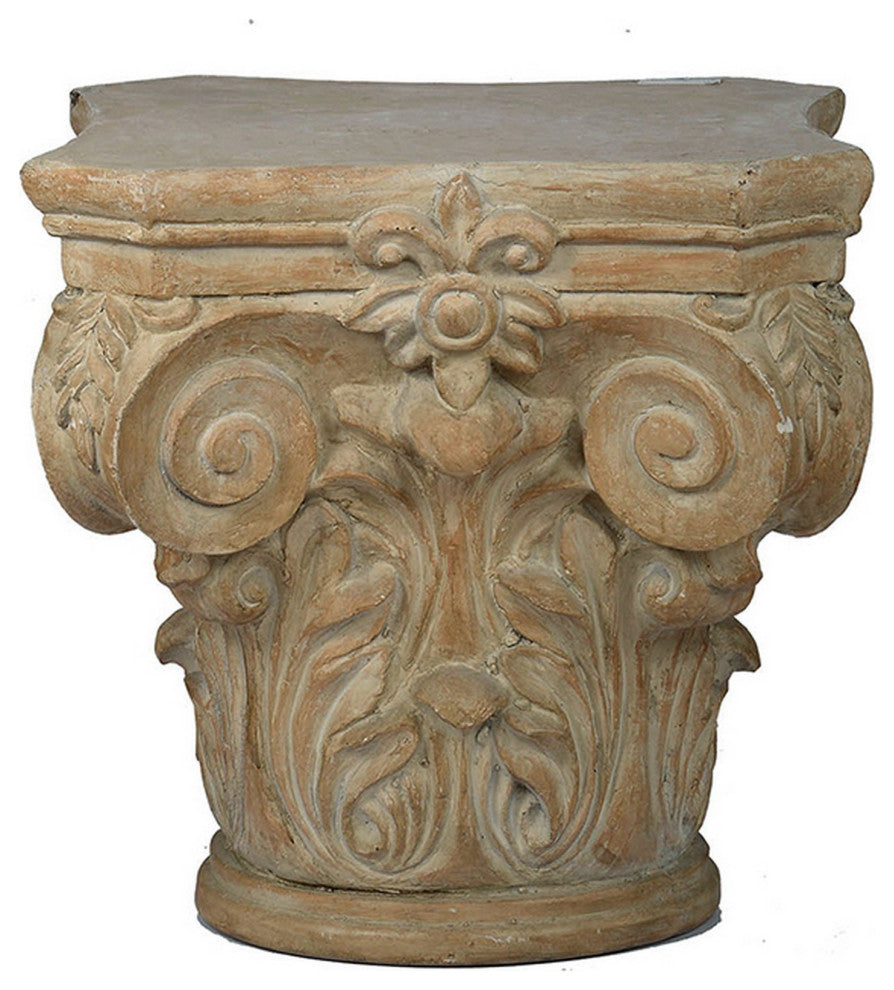 Benzara BM285209 18" Column Pedestal, Classic Carved Scrollwork, Antique White