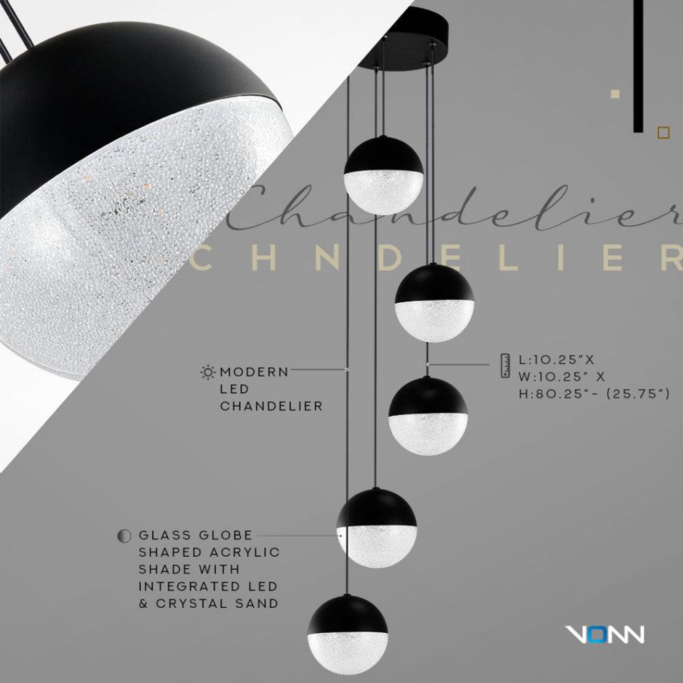 Ravello 5-Light ETL Certified Integrated LED Chandelier Lighting Fixture, Black