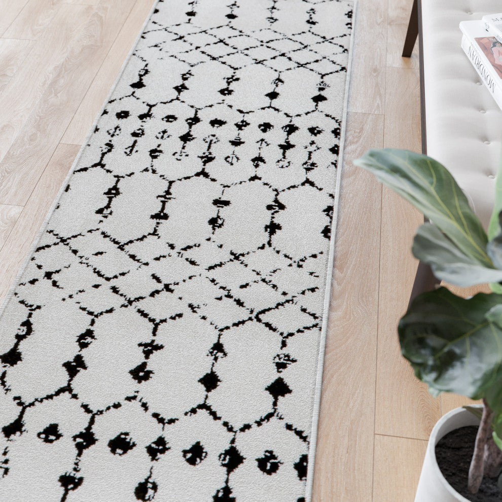 Geometric Bohemian Low Pile Rug, Ivory and Black -26