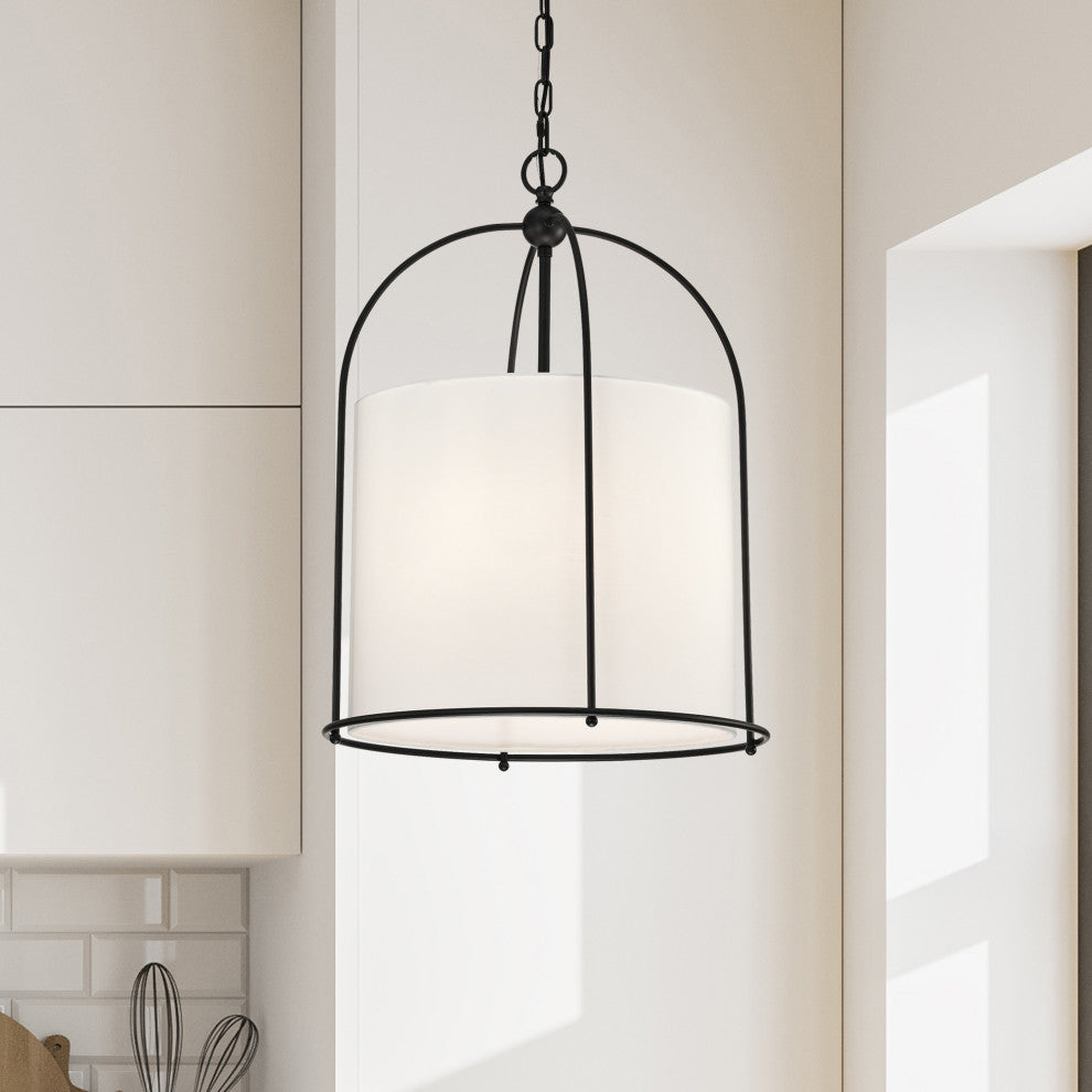 3-Light Matte Black Finish 18 in. Cage Chandelier With White Fabric Shade