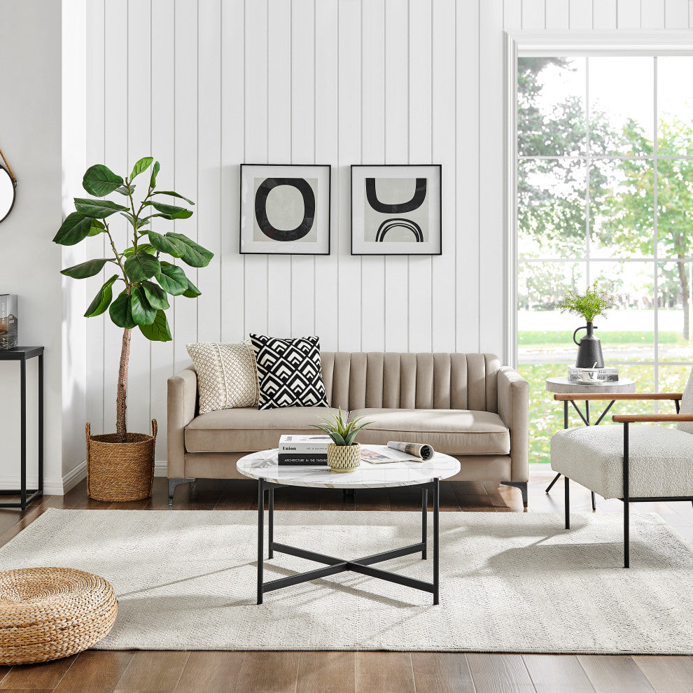 Round Contemporary Marble Finish Veneer Top Black Coffee Table, White/Black