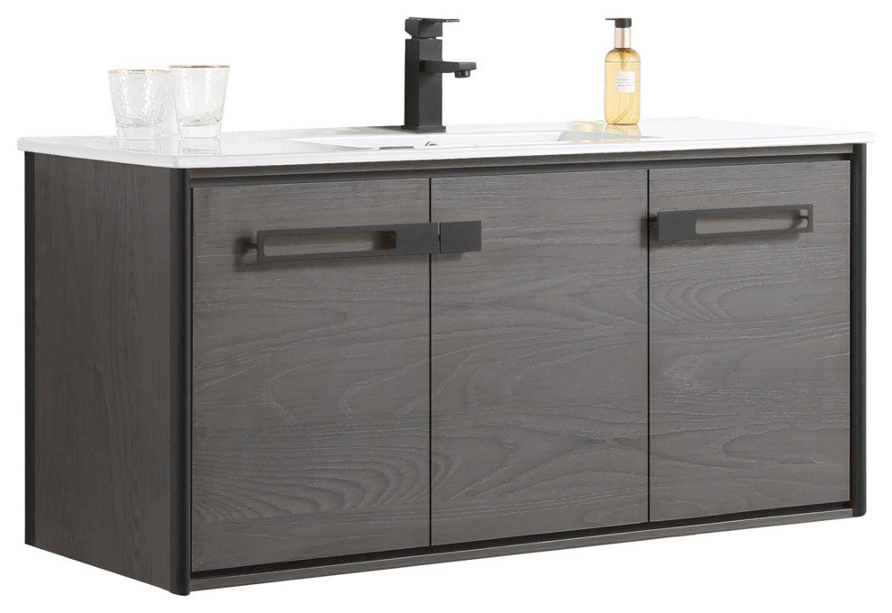 Oakville Wall Mount Bathroom Vanity, Black Coal Oak, 48", Black Hardware