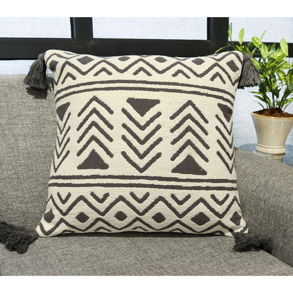 Grey Machine Woven with Tassels Merrimac Throw Pillow, 20" x 20"