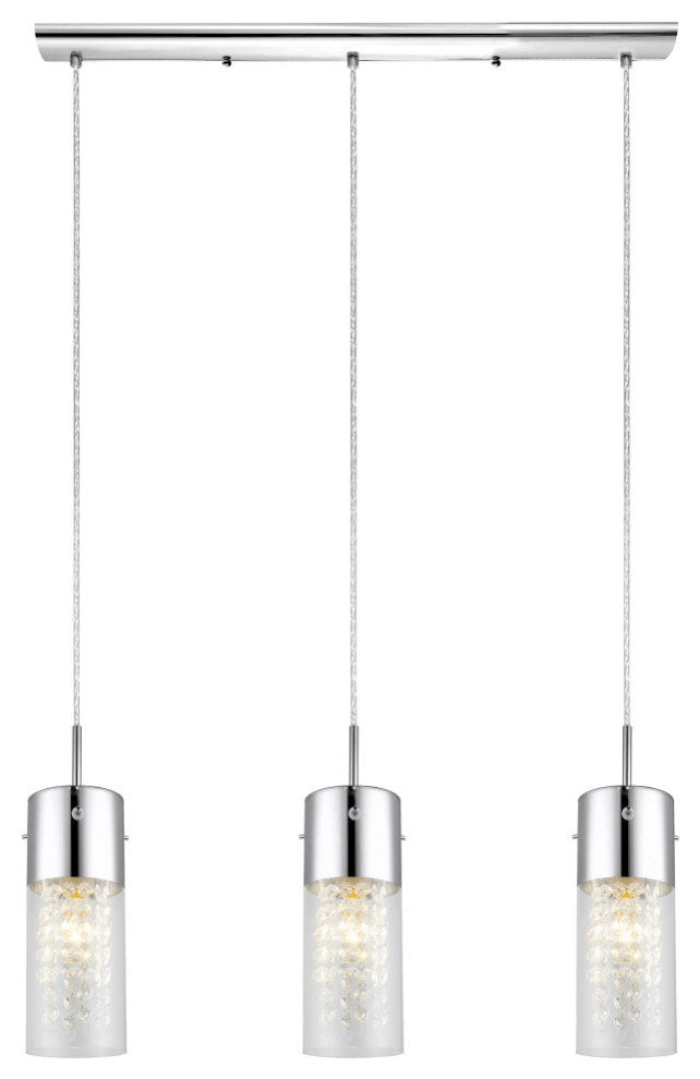 3x60W Multi Light Pendant, Chrome Finish & Clear Glass, Crystal Strands