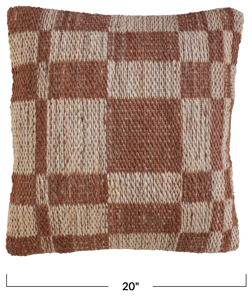 20" Square Woven Jute, Cotton Pillow, Square Pattern, Brown, Natural