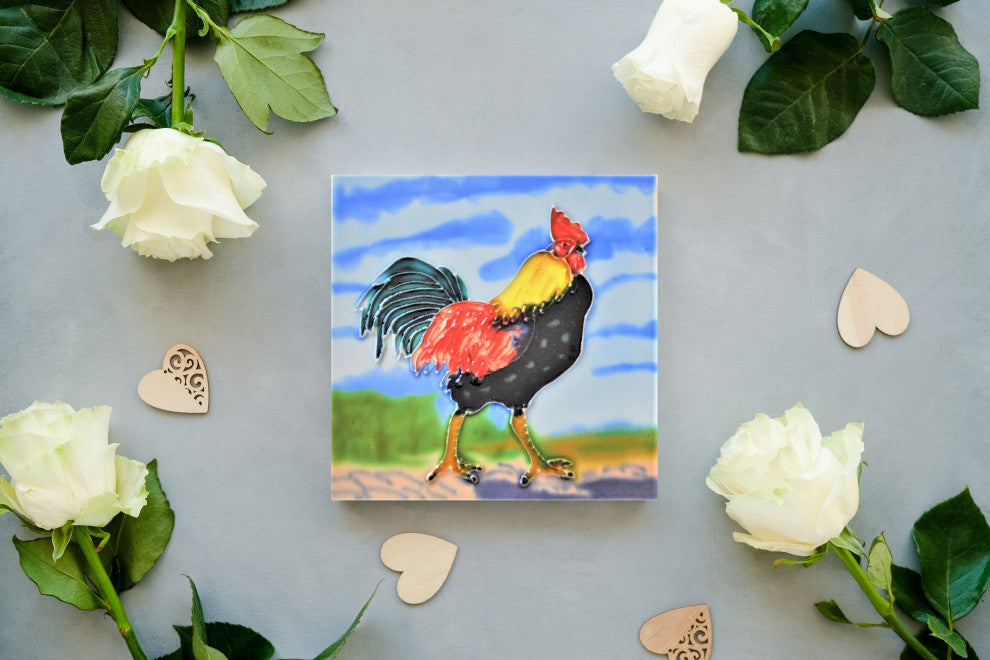 6x6" Black and Red Rooster Ceramic Art Tile Hot Plate Trivet and Wall Decor