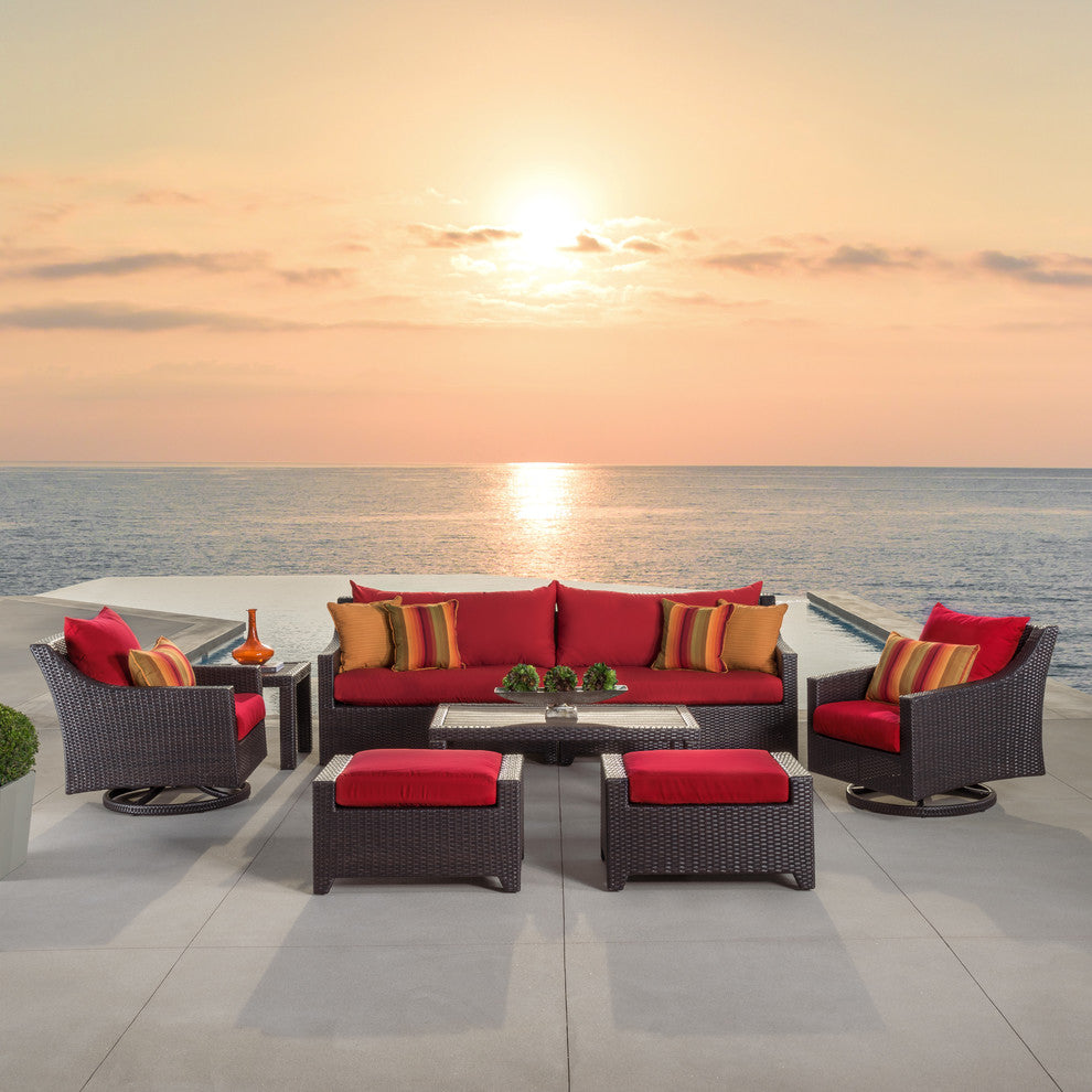 Deco Deluxe 8 Piece Sunbrella Outdoor Patio Sofa and Motion Club Chair Set, Sunset Red