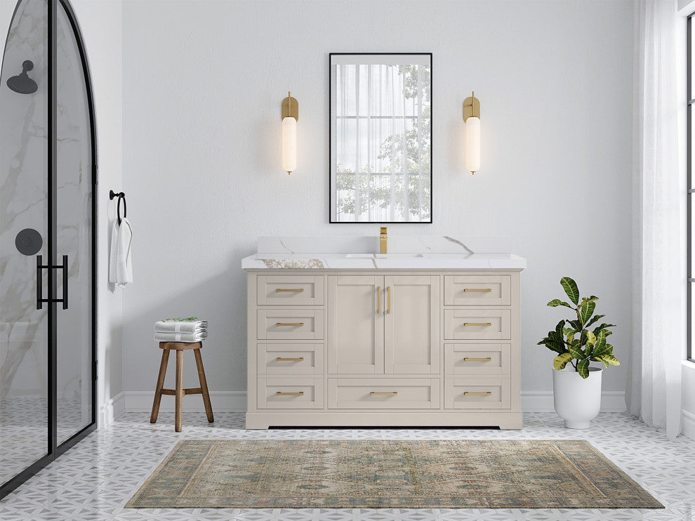 Boston 60" Single Bathroom Vanity in Fine Grain 2" Calacatta Gold