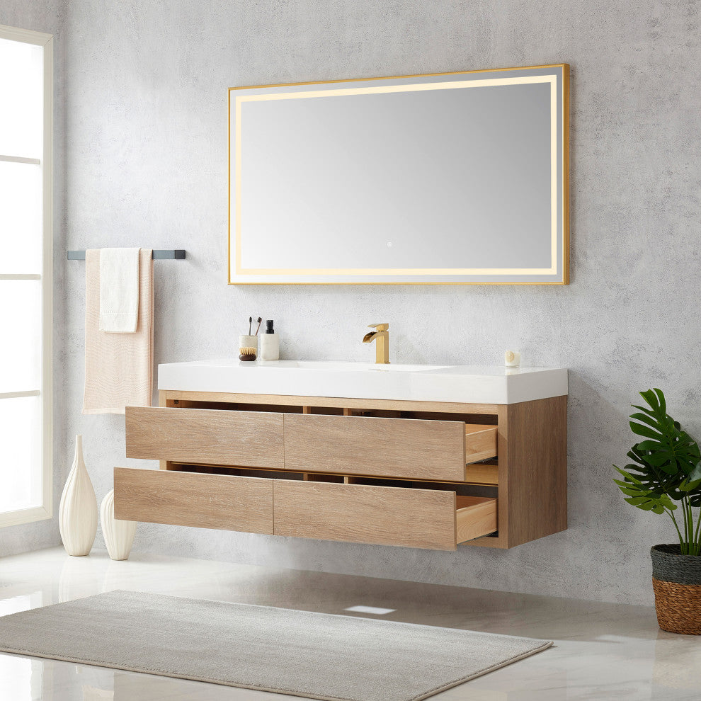 Palencia Floating Bath Vanity With Composite Stone Top, North American Oak, 60" Single Sink, With Mirror