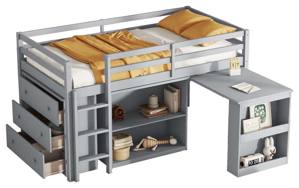 GDF Studio Wood Twin Loft Bed With Flexible Storage & Safety Guardrail, Gray