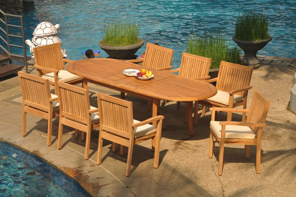 9-Piece Outdoor Teak Dining Set: 94" Oval Table, 8 Leveb Stacking Arm Chairs