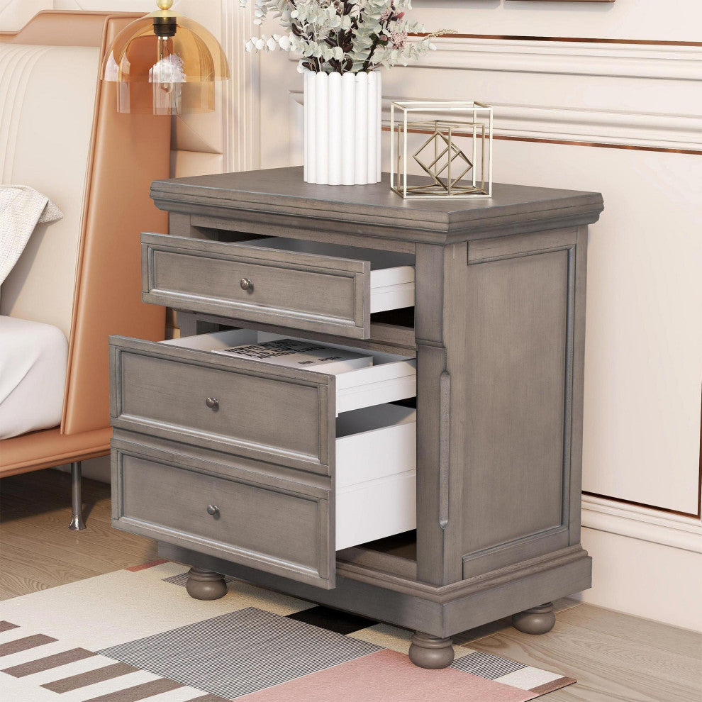 3-Drawer Wood Nightstand, Grey, 30'' Tall