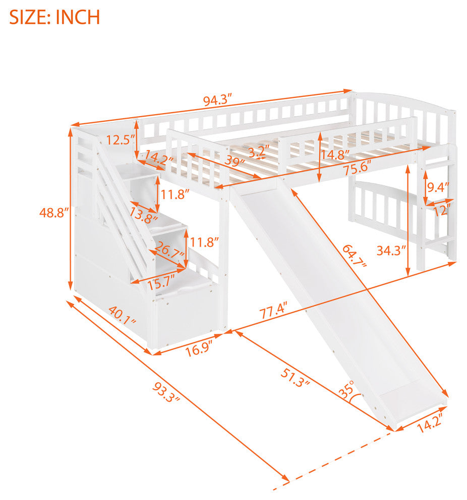 Gewnee Wood Twin Loft Bed with Storage Stairway and Slide in White