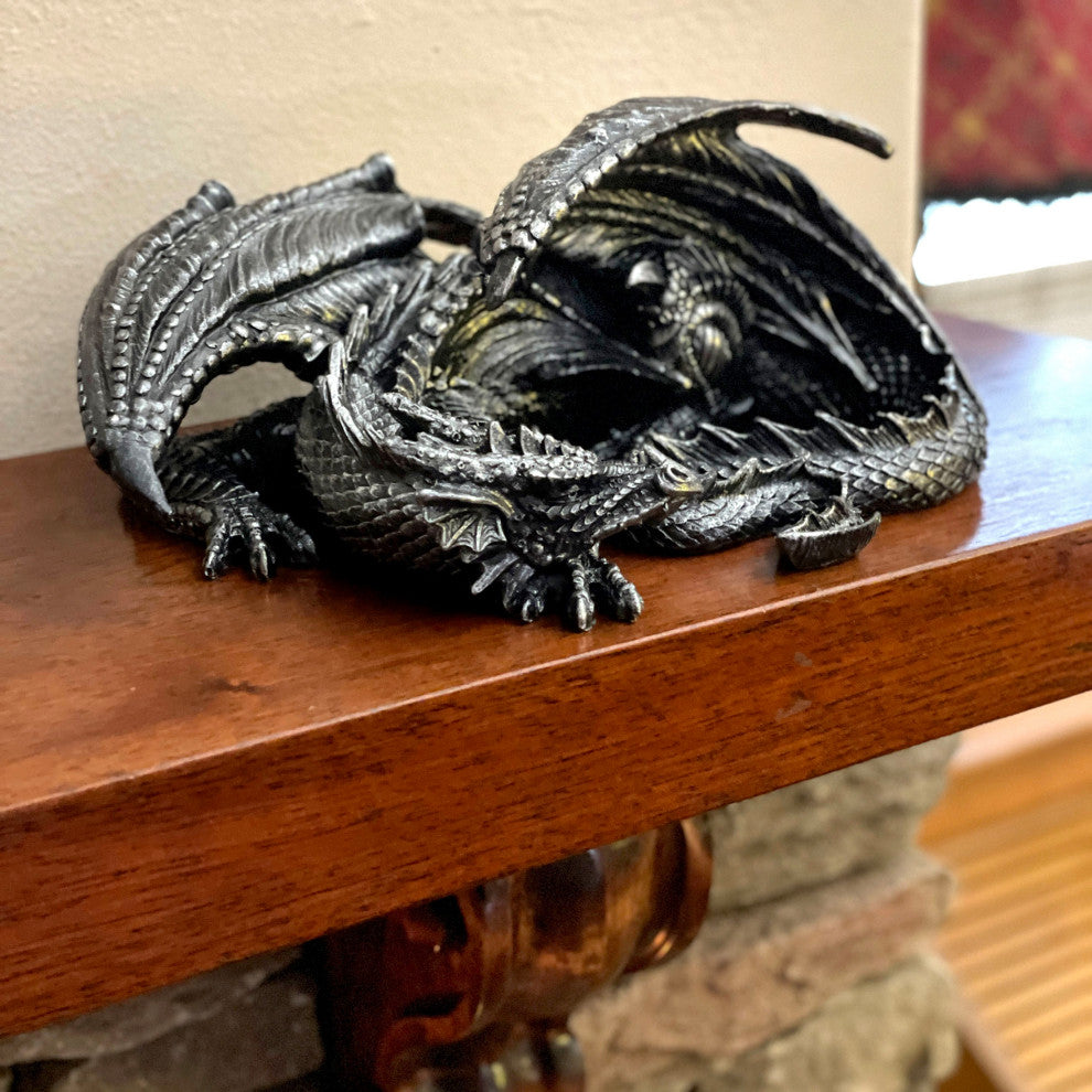 Somasaurus Metallic Black Gothic Sleeping Dragon Statue 12 in.